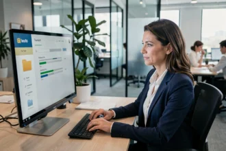Femme professionnelle utilisant une interface de transfert de fichiers en entreprise sur un écran d'ordinateur dans un open space moderne