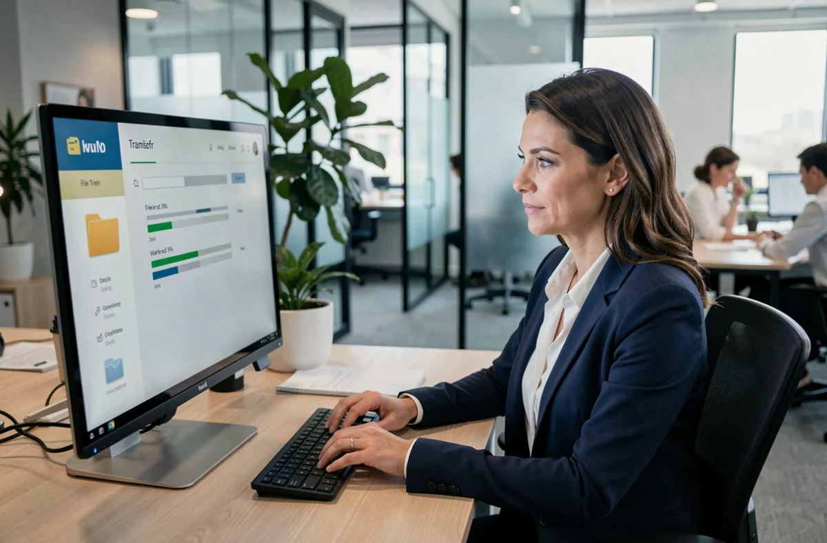 Femme professionnelle utilisant une interface de transfert de fichiers en entreprise sur un écran d'ordinateur dans un open space moderne