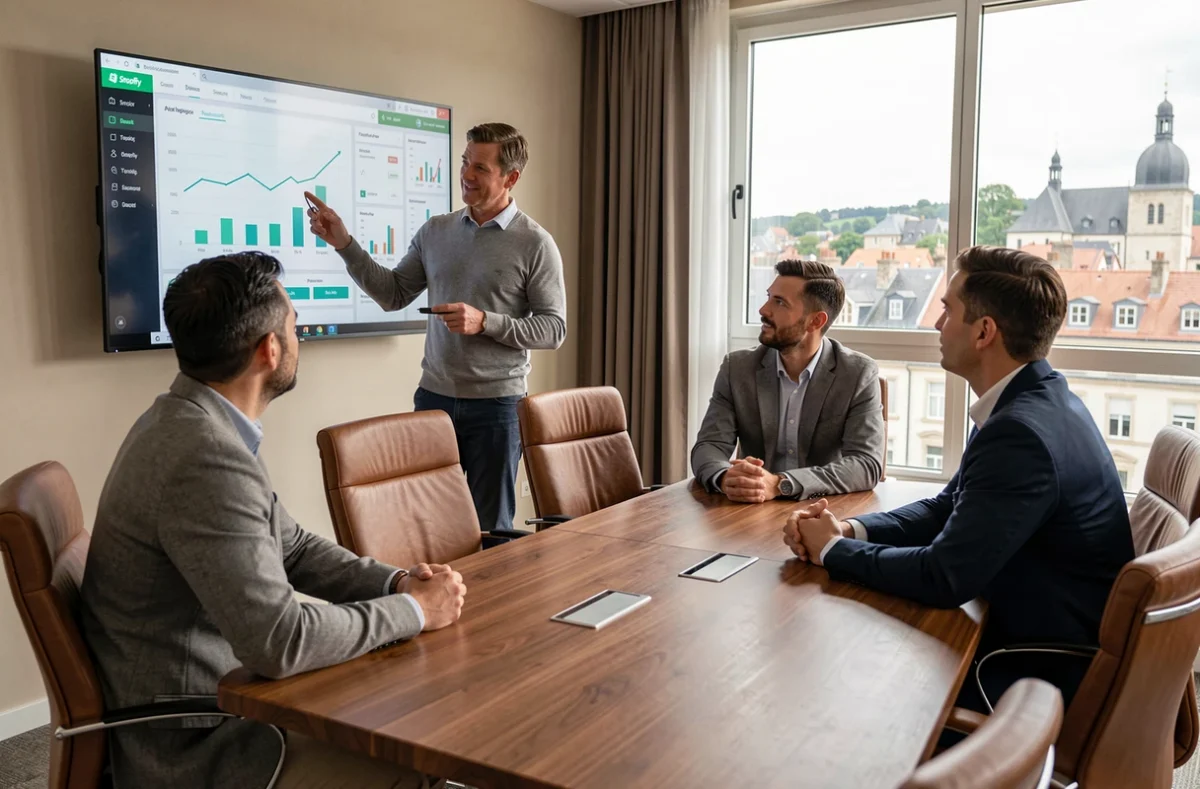 Consultant Shopify Plus de Datasolution à Besançon présentant un tableau de bord e-commerce à des clients en salle de réunion