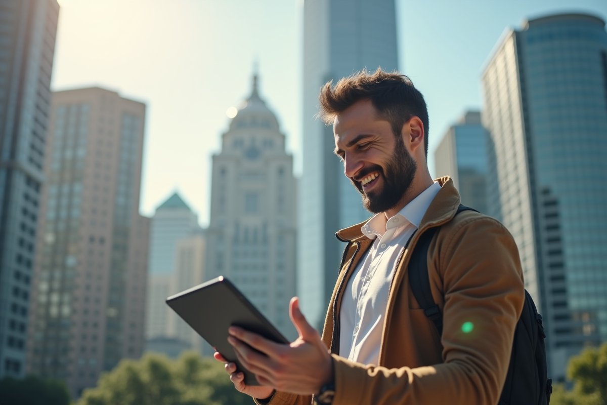 Personne en extérieur tenant une tablette avec site web