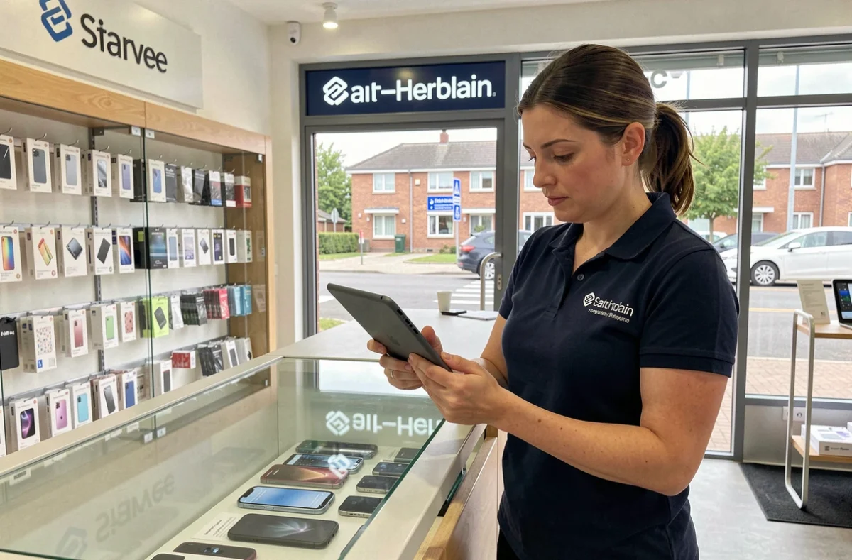 Technicienne de Phone Clinique Saint-Herblain utilisant une tablette de diagnostic pour évaluer un smartphone