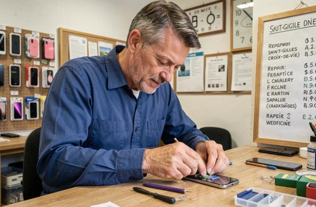 Technicien de Phon'office à Saint-Gilles-Croix-de-Vie remontant un smartphone après remplacement de la batterie