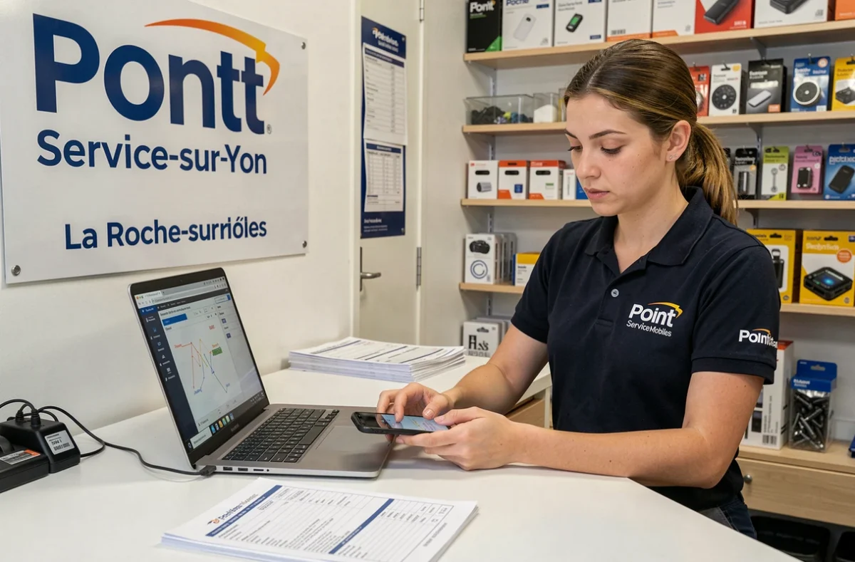 Technicienne Point Service Mobiles à La Roche-sur-Yon effectuant un diagnostic logiciel sur un smartphone au comptoir