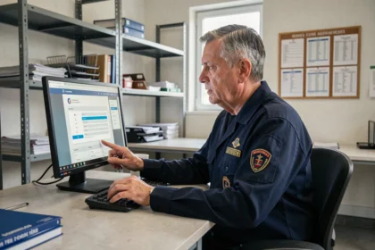 Pompier en uniforme connecté au logiciel Artemis SDIS sur un ordinateur de bureau dans un bureau administratif de caserne