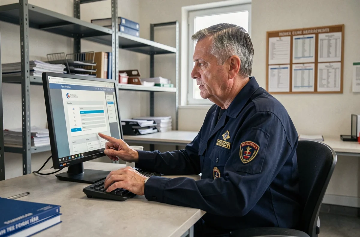 Pompier en uniforme connecté au logiciel Artemis SDIS sur un ordinateur de bureau dans un bureau administratif de caserne