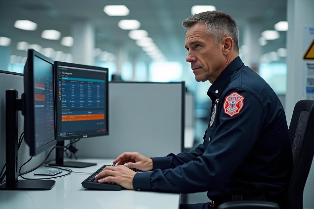 Pompier en uniforme SDIS consultant un logiciel de planification Agendis sur un poste informatique administratif
