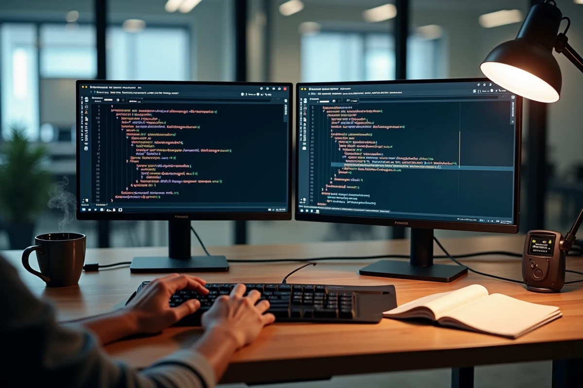 Poste de travail développeur avec code HTML formulaire onsubmit affiché sur deux écrans et console DevTools ouverte