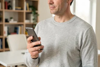 Homme tenant un smartphone Samsung S22 à une main dans un bureau moderne, vue trois-quarts