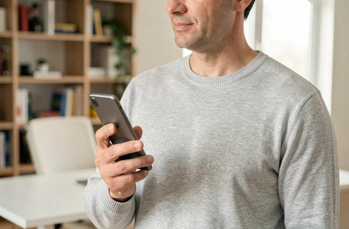 Homme tenant un smartphone Samsung S22 à une main dans un bureau moderne, vue trois-quarts