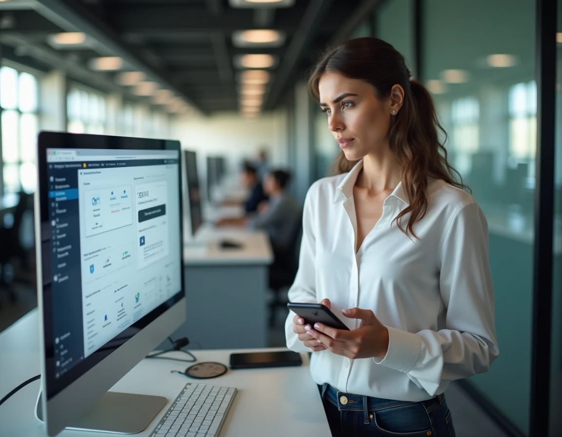 Femme en bureau regardant une notification d'échec de connexion sur son smartphone face à une application cloud inaccessible
