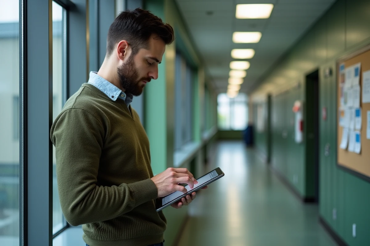 Professeur consultant sa messagerie Mel ac Limoges sur une tablette dans un couloir d'école