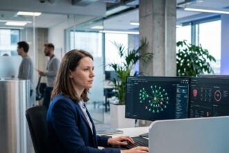 Professionnelle européenne en cybersécurité analysant des tableaux de bord réseau sur deux écrans dans un bureau tech moderne