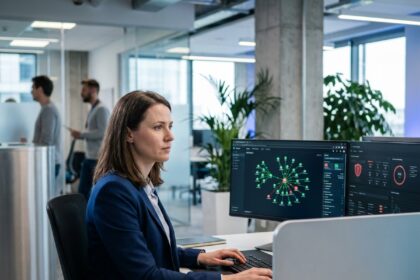 Professionnelle européenne en cybersécurité analysant des tableaux de bord réseau sur deux écrans dans un bureau tech moderne