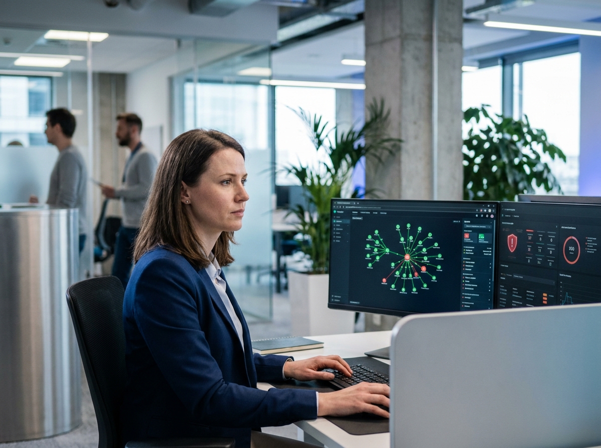 Professionnelle européenne en cybersécurité analysant des tableaux de bord réseau sur deux écrans dans un bureau tech moderne