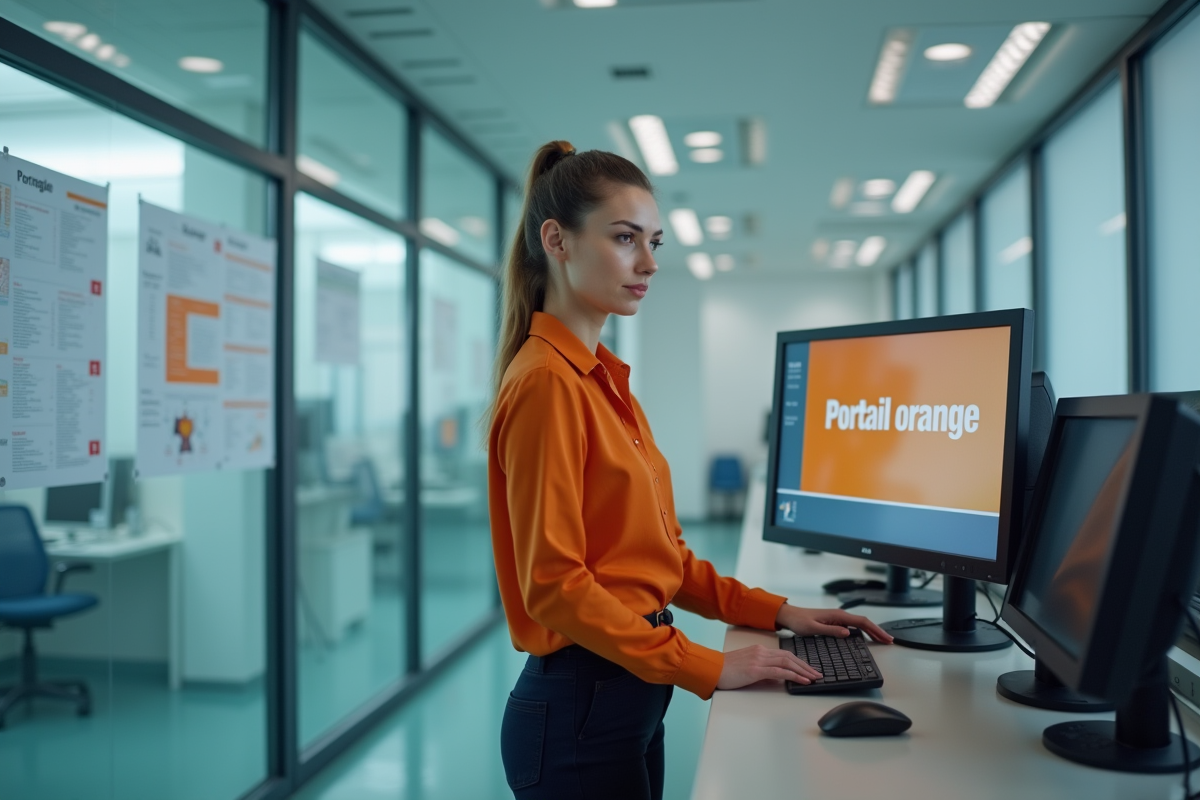 Jeune femme professionnelle utilisant un écran Portail Orange en hôpital