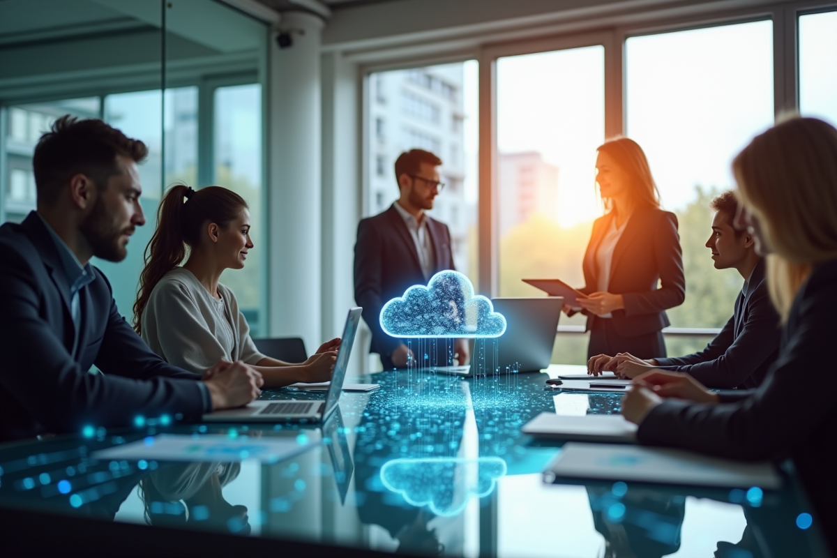 Professionnels d'affaires collaborant autour d'une table moderne avec appareils numériques
