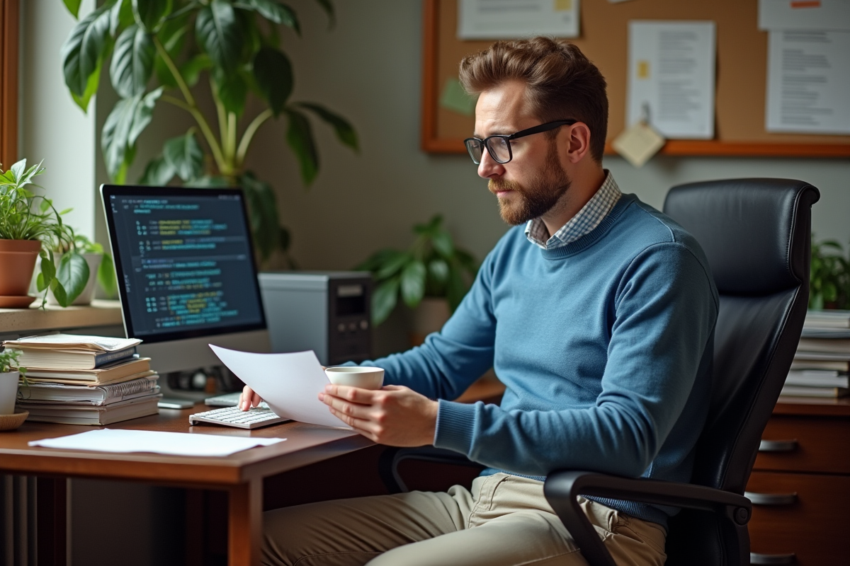 Programmeur homme dans un bureau vintage avec code imprimé