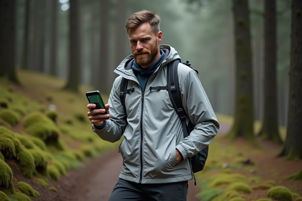 Randonneur tenant un smartphone Android affichant une trace GPX sur une application cartographique en forêt
