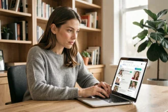 Femme utilisant une recherche inversée d'image sur ordinateur pour retrouver les réseaux sociaux d'une personne