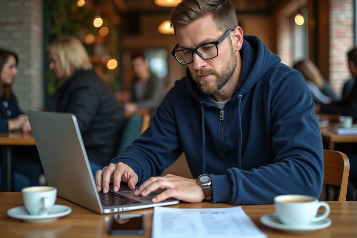 Homme consultant des prix d'iPhone 16 reconditionné sur ordinateur dans un café urbain