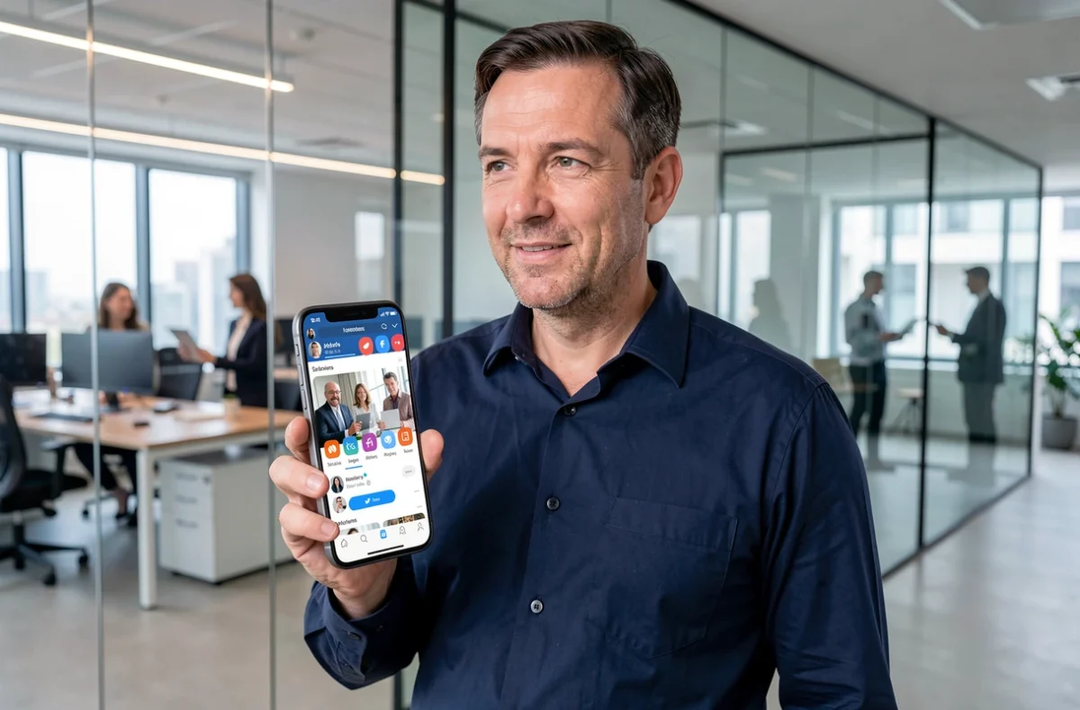 Homme en bureau consultant une application mobile de recherche de profils sociaux à partir d'une photo