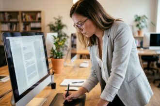 Femme professionnelle remplissant un formulaire PDF scanné sur ordinateur avec une tablette graphique dans un bureau moderne