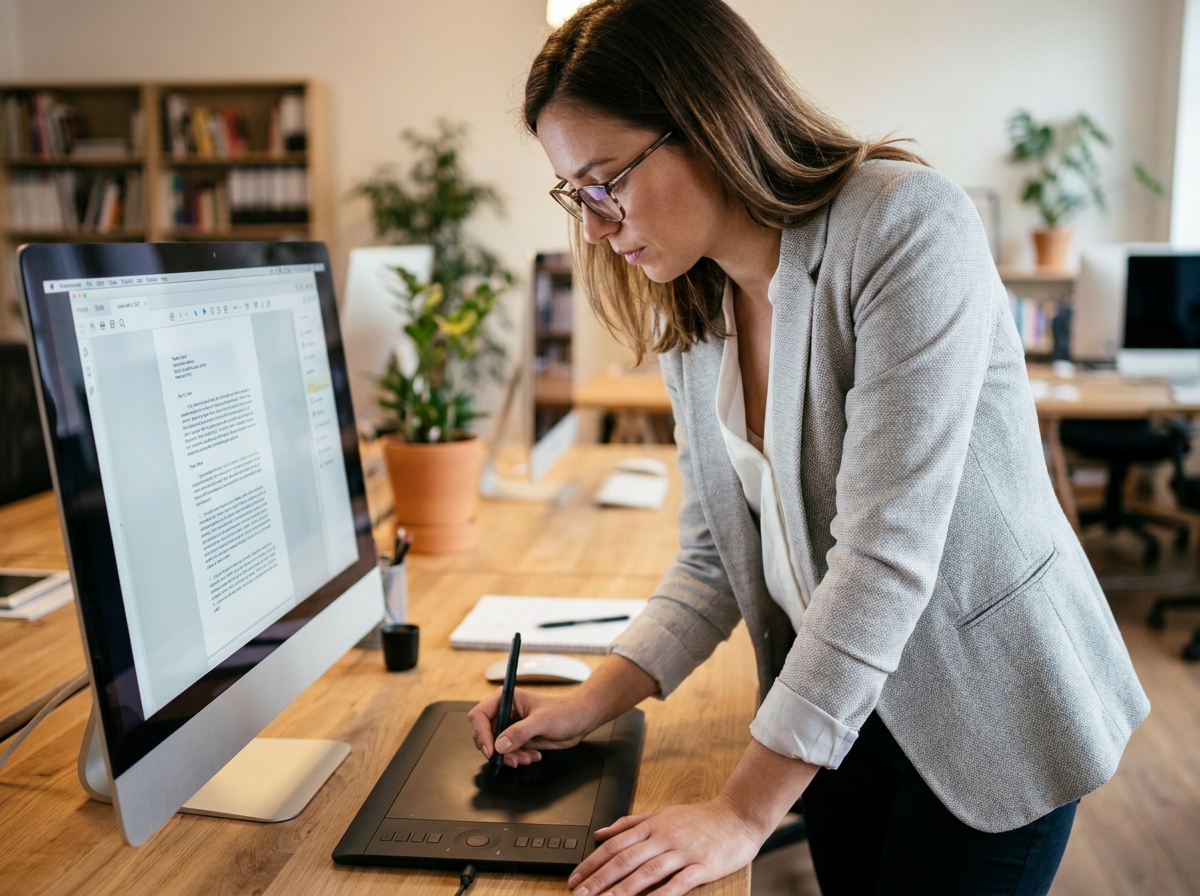 Femme professionnelle remplissant un formulaire PDF scanné sur ordinateur avec une tablette graphique dans un bureau moderne