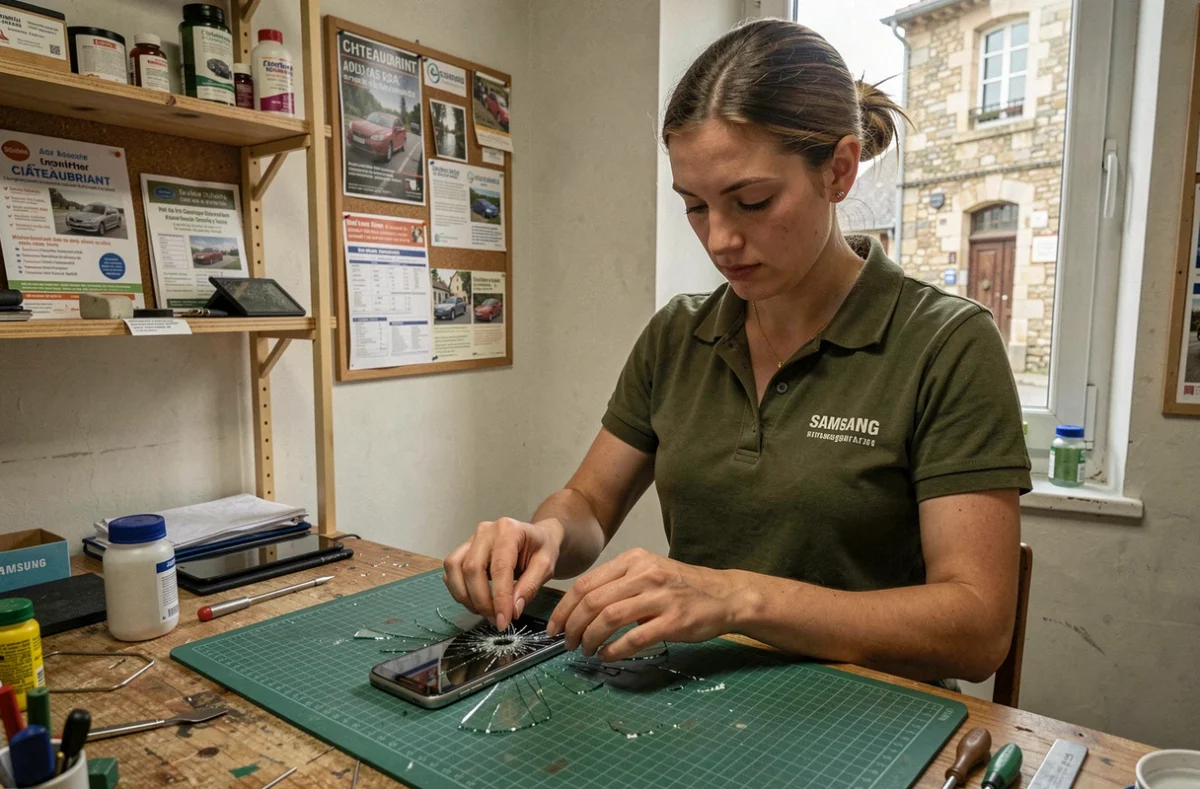 Technicienne de Repair Phone Châteaubriant remplaçant la vitre arrière d'un Samsung dans un atelier indépendant