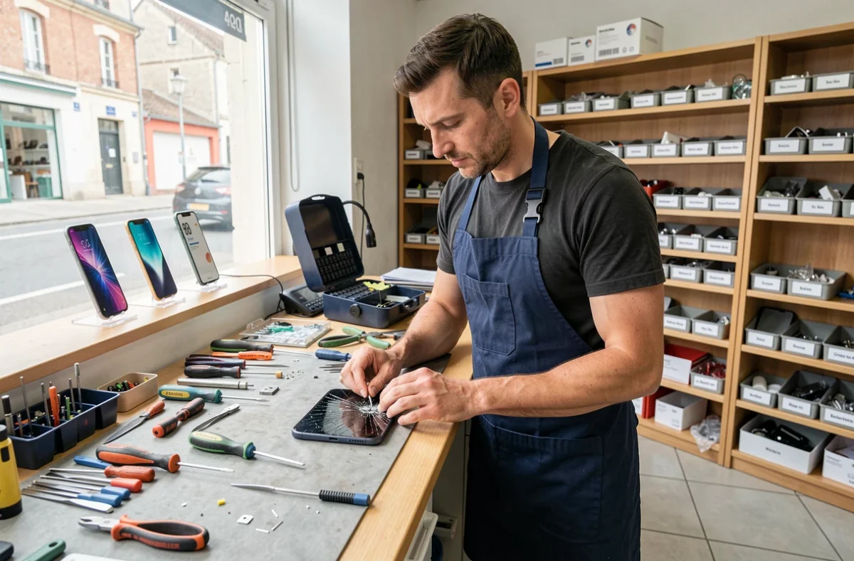Technicien réparant un smartphone dans un atelier professionnel en Vendée, vue d'ensemble du magasin