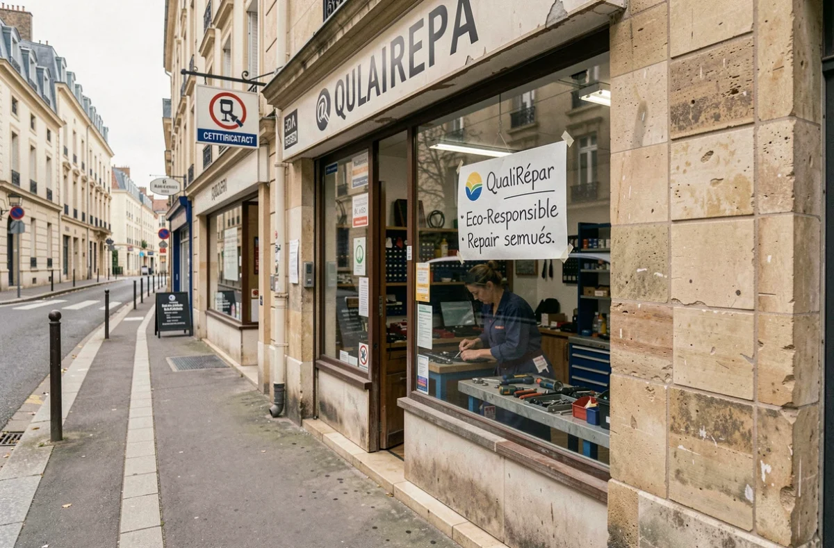 Devanture d'un réparateur labellisé QualiRépar à Sceaux dans le sud des Hauts-de-Seine avec certification visible en vitrine
