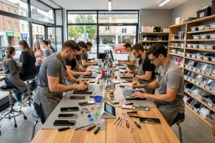 Intérieur d'un atelier de réparation de smartphones dans les Hauts-de-Seine avec plusieurs techniciens au travail et des clients en attente