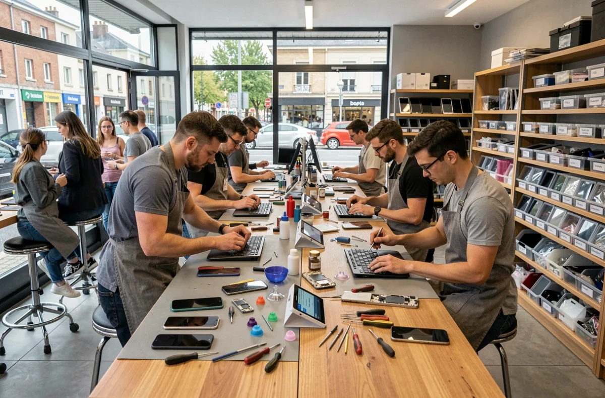 Intérieur d'un atelier de réparation de smartphones dans les Hauts-de-Seine avec plusieurs techniciens au travail et des clients en attente