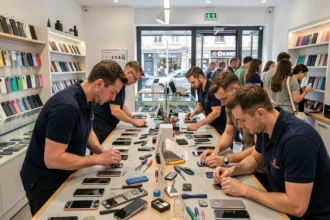 Vue d'ensemble d'un atelier de réparation de smartphones en Loire-Atlantique avec des techniciens au travail