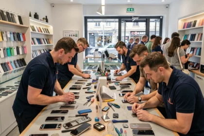 Vue d'ensemble d'un atelier de réparation de smartphones en Loire-Atlantique avec des techniciens au travail