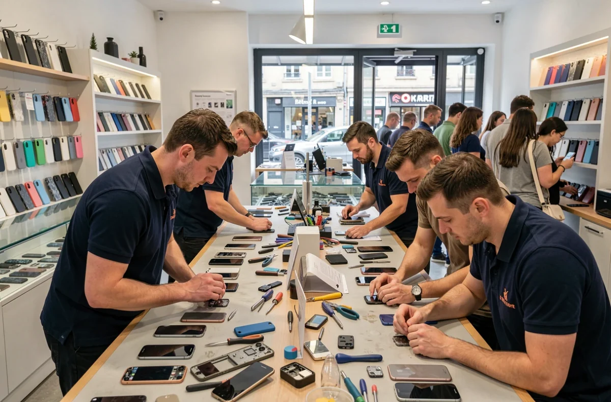 Vue d'ensemble d'un atelier de réparation de smartphones en Loire-Atlantique avec des techniciens au travail