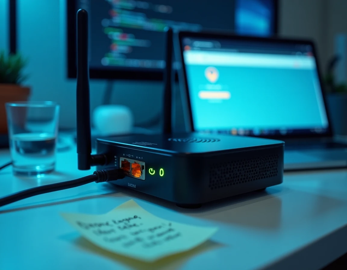 Routeur internet fonctionnel connecté à un ordinateur affichant une erreur de connexion sur une page de service cloud comme Sharecloudy