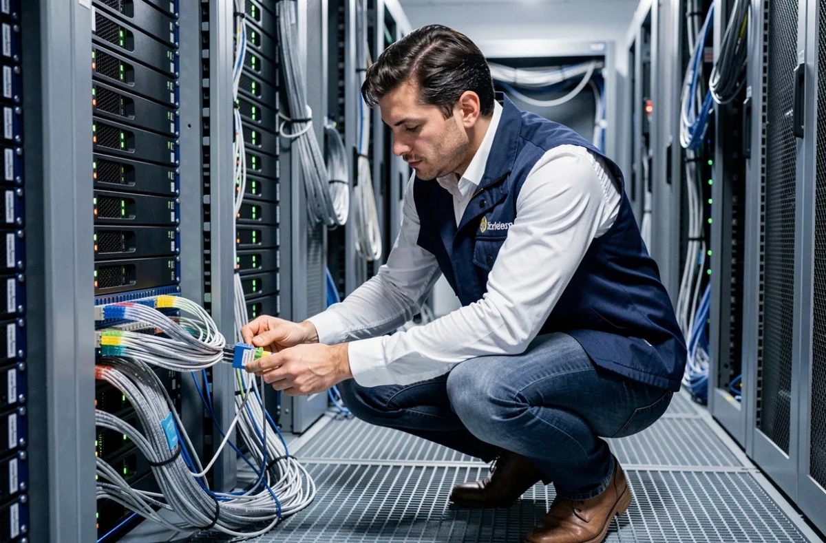Ingénieur réseau de R&TD Networks connectant des câbles fibre optique dans une salle de serveurs professionnelle
