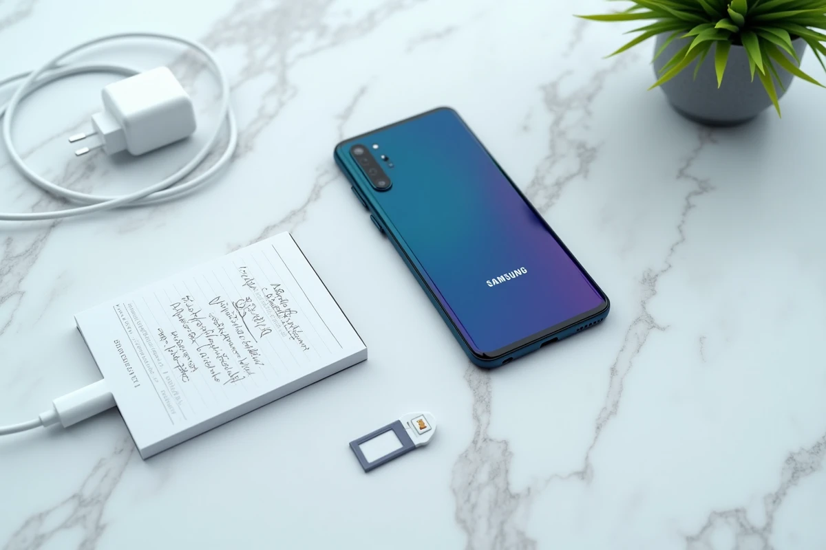 Vue de dessus d'un Samsung A05s posé sur marbre avec accessoires et notes de dépannage