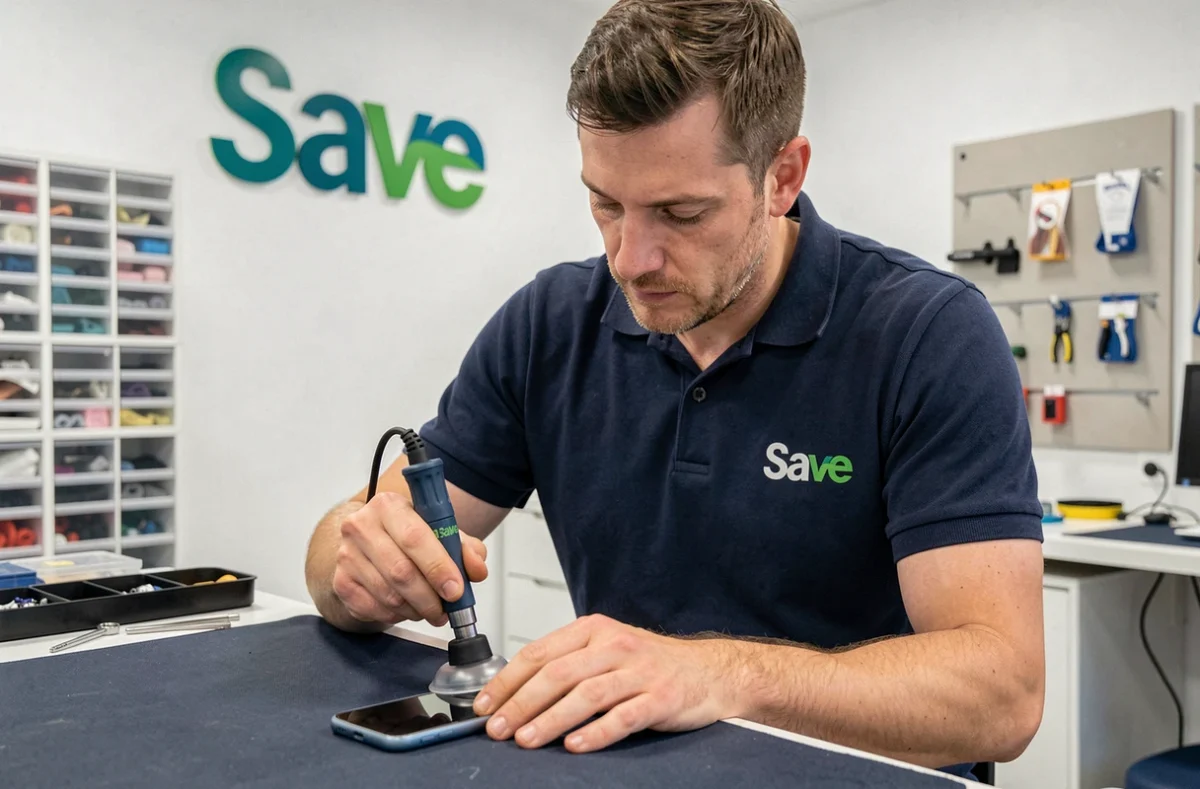 Technicien Save Les Herbiers utilisant un outil ventouse pour ouvrir un smartphone sur son établi