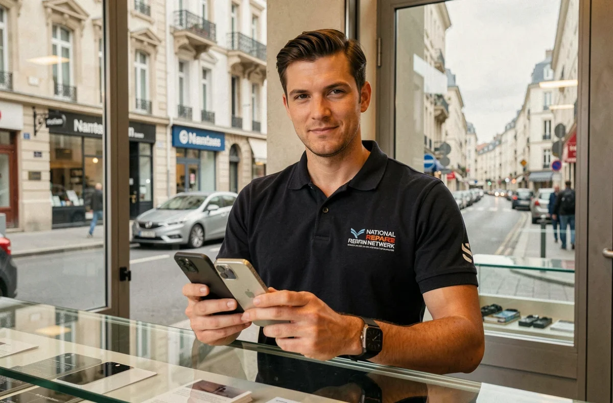 Technicien du réseau Save Nantes derrière le comptoir de la boutique rue de Verdun à Nantes