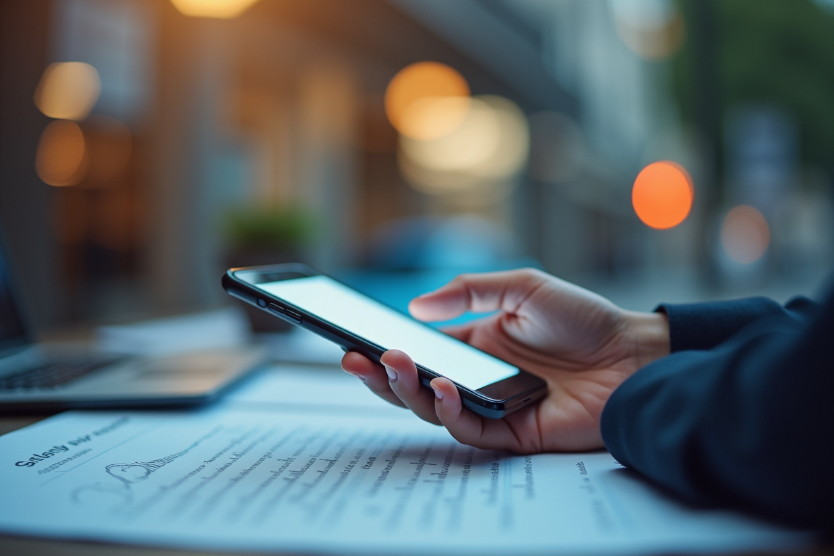 Main tenant smartphone scannant un document avec OCR