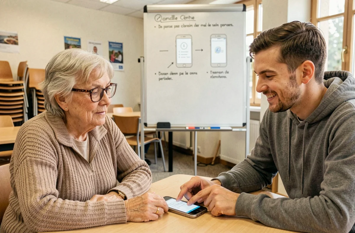 Une senior apprenant à utiliser son smartphone avec l'aide d'un instructeur patient dans un centre d'accompagnement numérique à Boulogne-Billancourt