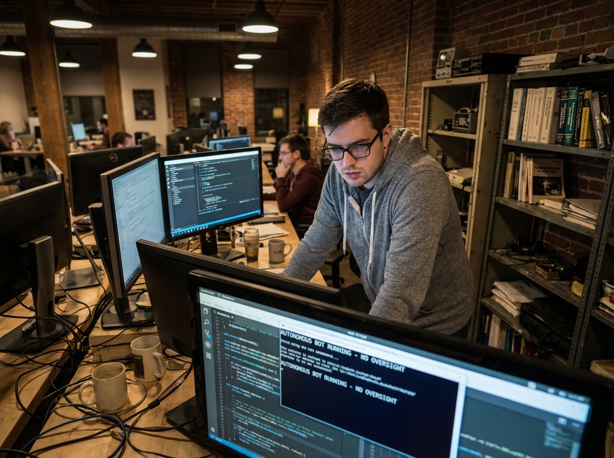 Jeune développeur travaillant tard sur des scripts d'agents autonomes non supervisés dans un espace de co-working, évoquant la problématique du Shadow Agent en entreprise