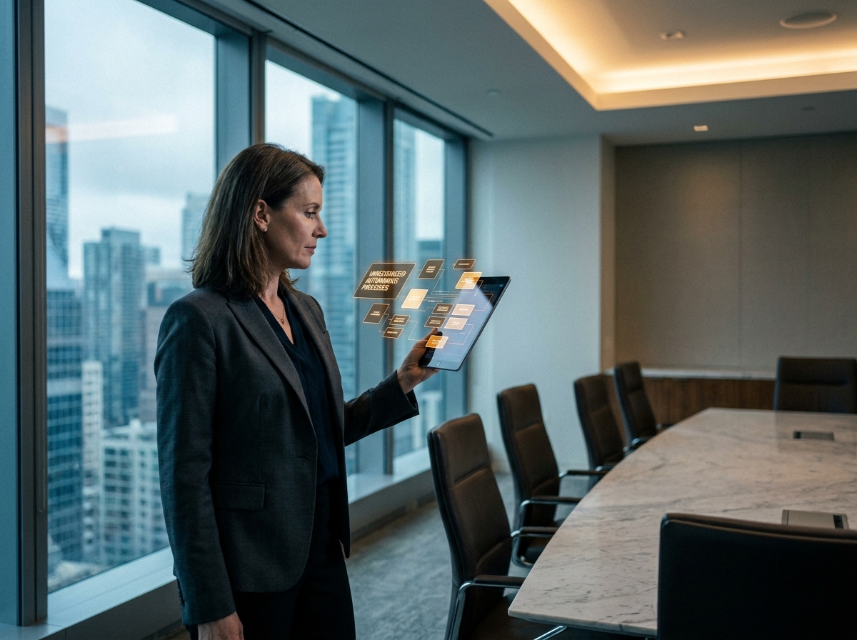 Dirigeante d'entreprise consultant un tableau de bord d'agents IA non autorisés sur tablette dans une salle de réunion, symbolisant les risques du Shadow AI et du Shadow Agent