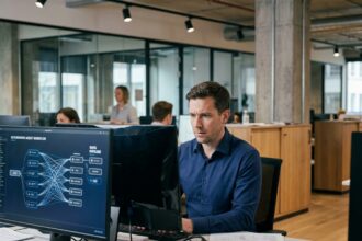 Professionnel IT regardant des schémas d'agents autonomes sur écran dans un open space d'entreprise moderne, illustrant le concept de Shadow Agent