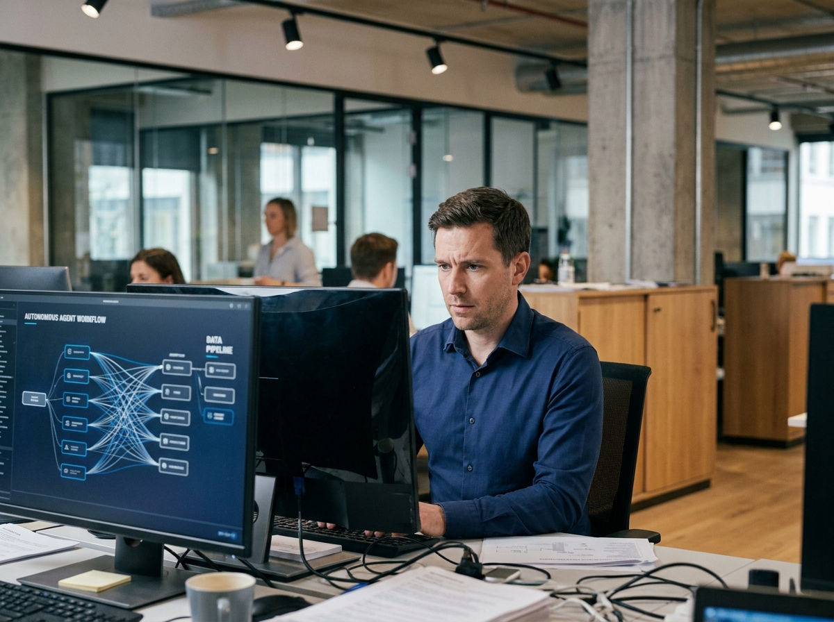 Professionnel IT regardant des schémas d'agents autonomes sur écran dans un open space d'entreprise moderne, illustrant le concept de Shadow Agent