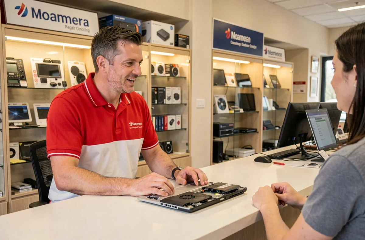 Technicien de SOS Informatique accueillant un client dans une boutique de dépannage informatique