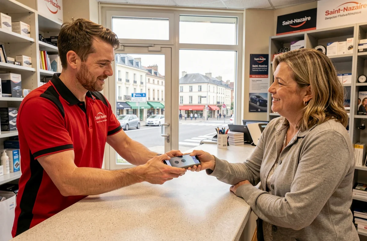 Technicien de SOS Phone Saint-Nazaire remettant un smartphone réparé à une cliente satisfaite au comptoir
