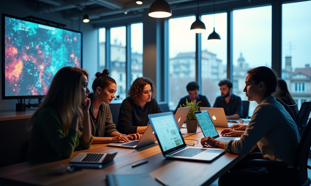 Espace de travail moderne d'une startup à Toulouse avec jeunes professionnels
