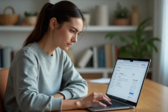 Femme paramétrant la suppression automatique de l'historique Google sur un ordinateur portable dans un bureau à domicile